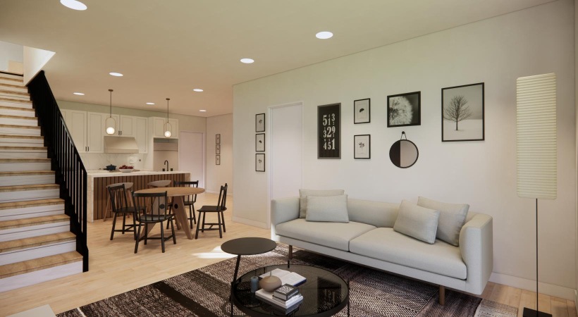 living room with a staircase