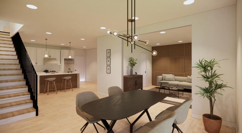 open concept living interiors with recessed lighting